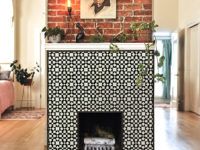 quilt pattern, honed glass mosaic fireplace