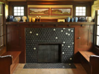 glass fireplace mosaic was inspired by Sashiko